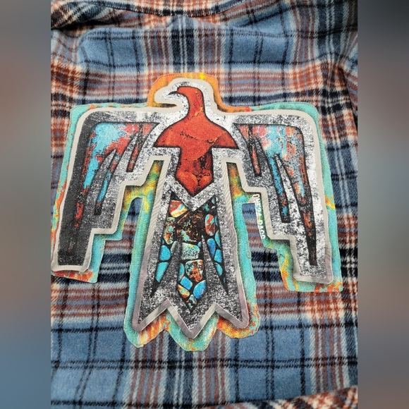 Southwest Thunderbird Flannel Plaid Long Coat Upcycled Renewed - Picture 12 of 14